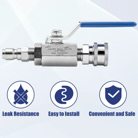 3/8 inch quick-connect valve kit high pressure, 5000 PSI, stainless steel ball valve with blue handle, leak resistance, easy installation.