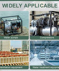 Motor starter and related equipment collage: water pumps, compressors, ventilation equipment, and water treatment devices