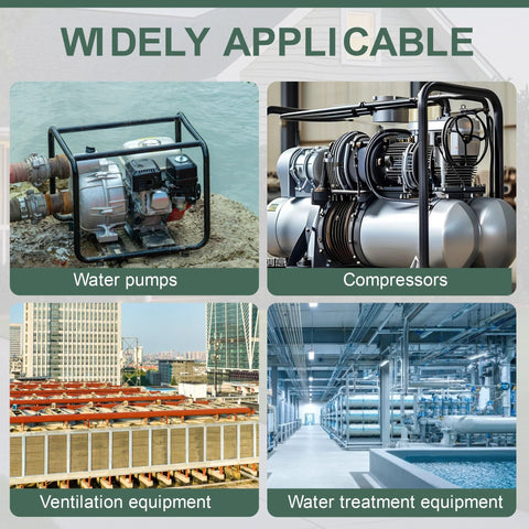 Motor starter and related equipment collage: water pumps, compressors, ventilation equipment, and water treatment devices