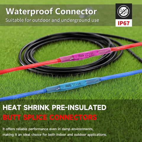 Waterproof heat shrink pre-insulated butt splice connectors on coils of wire for outdoor and underground use IP67 rated.