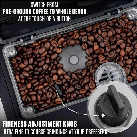 Close-up of fully automatic espresso machine with built-in grinder showing coffee beans and fineness adjustment knob.