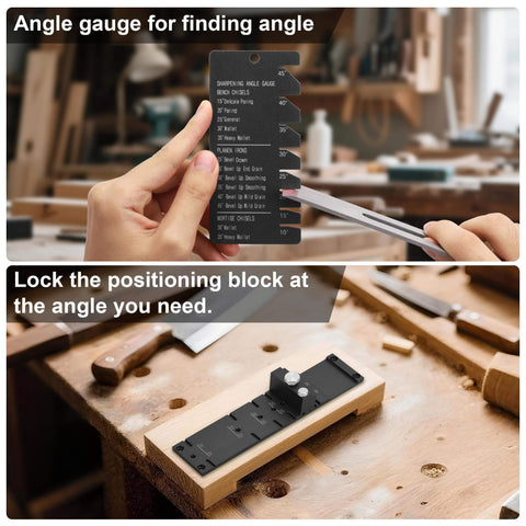 Chisel Sharpening Jig And Honing Guide For Woodworking Chisels And Planes With Pro Grade Angle Control Laser Gauge From 10 To 45 Degrees CNC Machined Jaws For 0.05 Degree Bevel Replication Fits 0.1 To 2.8 Inch Blades Black shown in use on a workbench.