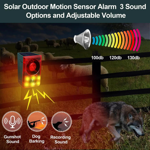 Two Pack Solar Outdoor Motion Sensor Alarm Deterrent With Gunshot Sound And Barking 130dB Loud Noise Maker displaying sound options