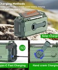 Grab And Go Weather Radio With AM FM NOAA Alerts Hand Crank Emergency Power, 15W Fast Charge, 40000mAh Portable Solar Power Bank charging options