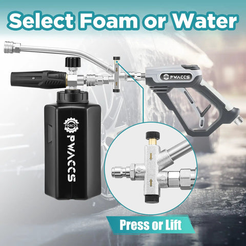 Pressure Washer Foam Gun With Dual Connector, Foam Cannon And Double Tip Attachment Car Wash Kit For No Fuss Easy Clean, One Quarter Inch Quick Connector, M22 Inlet, Up To 4000 PSI, 1.5 Liter Capacity shown with dual-connector and adjustable wand