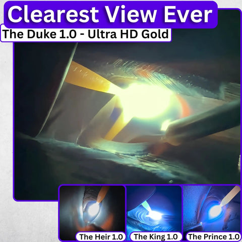 Image showing 'The Duke 1.0 - Ultra HD Gold' welding lens providing a clear view of a welding process with intense bright light.