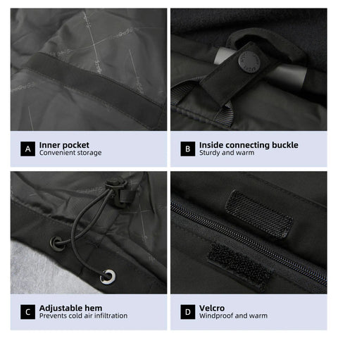 Detail of inner pocket, connecting buckle, adjustable hem, and Velcro on Three In One Womens Winter Ski Jacket With Removable Hood.