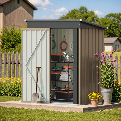 Spacious 5x3 ft outdoor storage shed with lockable door and sloping roof, brown, in backyard, holding garden tools and gear.