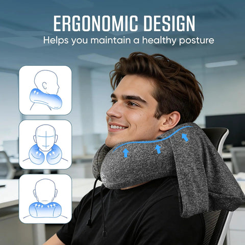 Big Hooded Travel Pillow With Memory Foam For Long Flights And Road Trips, Privacy Shield, Super Snug Neck Support
