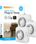 24 Hour Mechanical Outlet Timer Switch With Dual Grounded Plug In Control For Indoor Lighting And Lamps Christmas Trees Fans And Small Appliances 3 Pack No WiFi Needed Today, shown in packaging with 3 white units