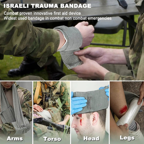 6 Inch Emergency Trauma Bandage 4 Pack For Bleeding Control shown on arm, torso, head, and leg wounds.