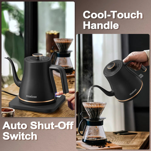 Gooseneck Electric Kettle 0.8L For Pour Over Coffee And Tea With Precision Spout Stainless Steel, black, on a counter next to coffee maker.