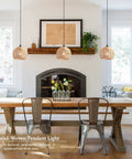 Top Tier Hand Woven Wicker Pendant Lights Trio Boasts A Natural Rattan Dome Shell With Long Adjustable Wires And Ready To Use Bulbs over rustic dining table.