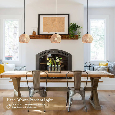 Top Tier Hand Woven Wicker Pendant Lights Trio Boasts A Natural Rattan Dome Shell With Long Adjustable Wires And Ready To Use Bulbs over rustic dining table.