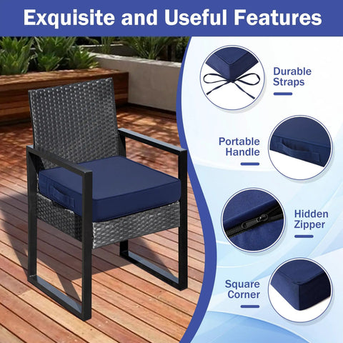 Set Of 4 Navy Blue Patio Chair Cushions, 19x19x3 Inch Outdoor Seat Cushions With Handle And Ties, Waterproof And Fade Resistant, on a chair