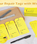 100 Pack Yellow Repair Tags With Wire Ties And Grommets, Numbered Tear Off Price Notice And Maintenance Labels For Production Equipment, Durable 2.6 x 5.25 Inch Notices, stacked with wire ties