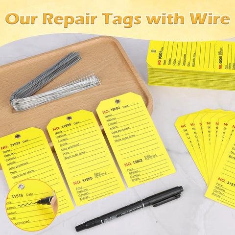 100 Pack Yellow Repair Tags With Wire Ties And Grommets, Numbered Tear Off Price Notice And Maintenance Labels For Production Equipment, Durable 2.6 x 5.25 Inch Notices, stacked with wire ties