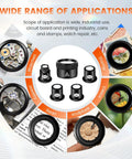 Five Piece Jewelers Loupe Set With 5X 10X 15X 20X 30X 36mm Glass Lenses shown with applications for jewelry, coins, and stamps.