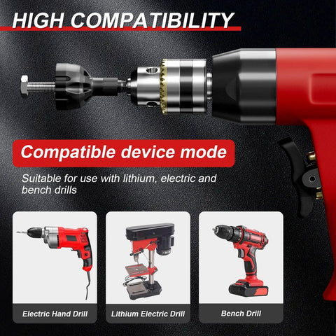 Two-pack deburring external chamfer tools with tungsten carbide blades mounted on a red cordless drill (1/8–3/4 in).