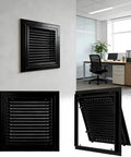 Slick Magnetic Lock Heavy Duty Louvered Return Air Grille Drywall Access Door With Built In Filter For Attics And Crawl Spaces Tight Grip Hinged Panel Cover 12 By 28 Inch Black No Sweat Design installed in modern office setting.
