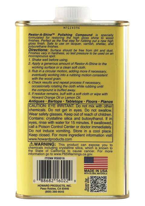 Restor A Shine Hardwood Floor Polish For Wood Furniture Polishing Compound 16 Oz bottle back label with instructions and warnings.