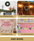 Image collage showing four uses: Christmas decors, outdoors ambiance, birthday party, school activities labeled 'And More'.