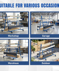 Beefy Heavy Duty Lumber Storage Rack With Wheels, 5 Tier Cantilever Design, shown in workshop, garage, warehouse, outdoor settings
