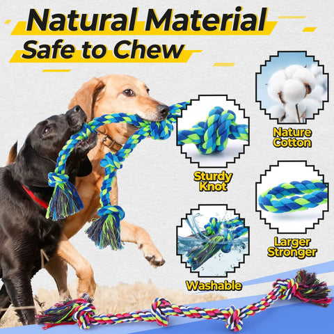 Two dogs playing with Rugged Dog Rope Toys 5 Pack For Aggressive Chewers, showing blue-green cotton ropes and descriptive features.