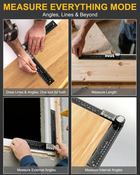 Heavy Duty Digital Protractor And Angle Finder With Bright LCD Screen measuring angles and lengths on wood and walls.