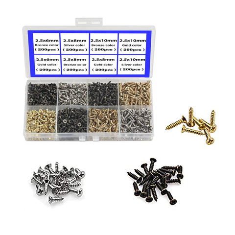 1600 Pc Heavy Duty Mini Screws 2.5 X 6 8 10 mm Phillips Flat Head Self Tapping Hardware in storage box with assorted colors.