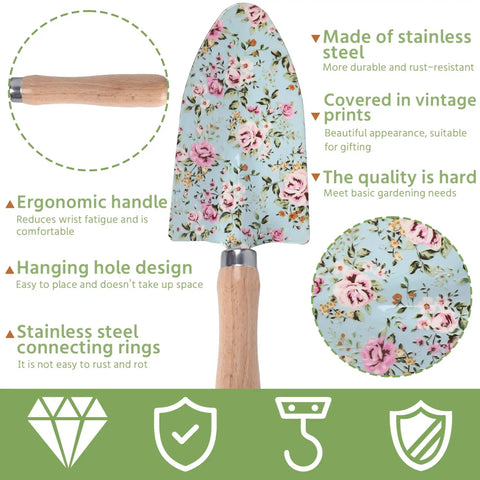 Close-up of floral trowel from All In One Floral Garden Tools Set With Tote Bag Heavy Duty Gardening Kit Including Pruning Shears Trowels Rake Sprayer