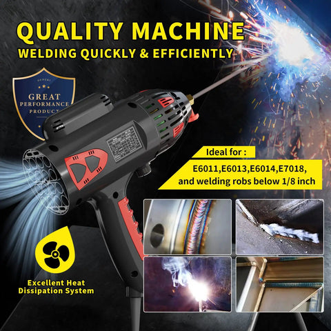Close-up of a welding machine with sparks and weld samples, featuring 160A Dual Voltage Stick Welder for Home DIYers with Lift TIG Ready.