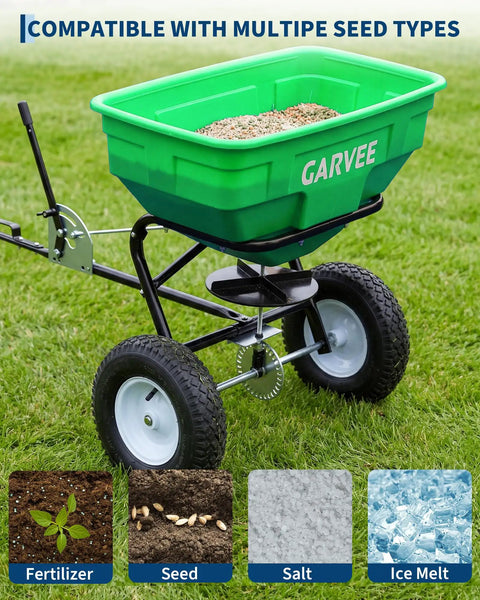 Heavy Duty Tow Behind Broadcast Spreader With 125 Lbs Hopper And 30 Settings 9.8 Ft Spread Universal Hitch For UTV ATV Or Tractor