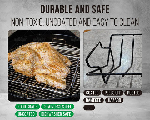V Shaped Stainless Steel Turkey Roasting Rack For Oven And Kamado Grills holding seasoned turkey, shown next to rack close-up.