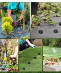 Collage showing 6 Inch Garden Stakes Kit With 100 Heavy Duty Staples, gaskets, mallet being used in garden, landscape fabric secured