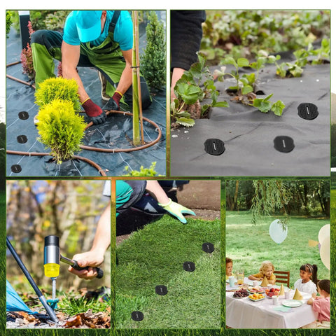 Collage showing 6 Inch Garden Stakes Kit With 100 Heavy Duty Staples, gaskets, mallet being used in garden, landscape fabric secured