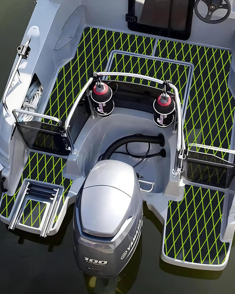 Overhead view of EVA Foam Boat Flooring Decking Sheet 6mm Thick Diamond Grippy Anti Slip Marine Mat on motorboat deck