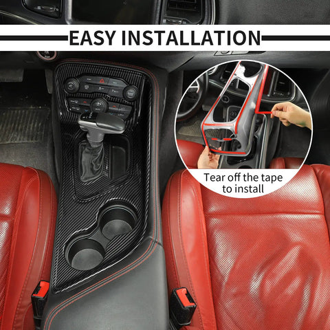 Slick ABS Carbon Fiber Gear Shift Lever Panel Trim Fits 2015-2025 Dodge Challenger demonstrating easy installation on console.
