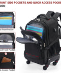 Rolling backpack with four wheels; black fabric, front pockets and quick-access panel visible.