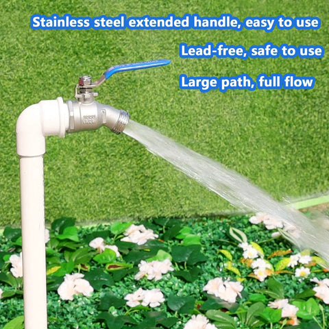 Side view of 3/4 in stainless steel hose bibb with blue lever handle, water spraying from outdoor spigot