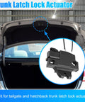 Open rear trunk showing Trunk Latch Lock Actuator for Lexus IS Sedan, in focus inset of actuator motor with cable rod.