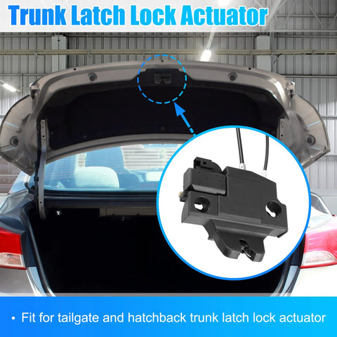 Open rear trunk showing Trunk Latch Lock Actuator for Lexus IS Sedan, in focus inset of actuator motor with cable rod.