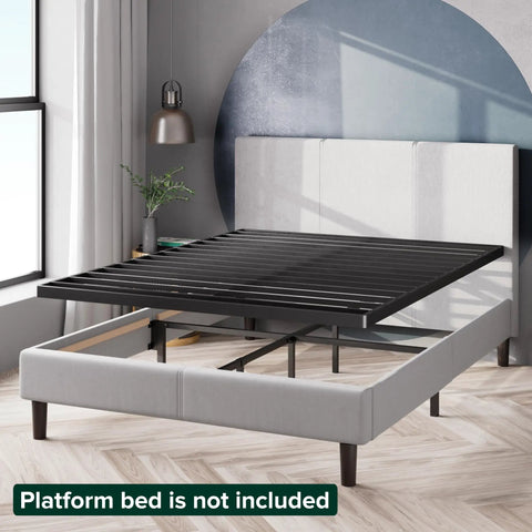 Heavy Duty Queen Bunkie Board And Thick Steel Frame Mattress Support on bed frame, setup showing slats and modern decor.