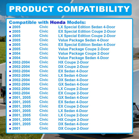 Product compatibility chart for Honda Civic models, compatible with Honda Civic 3 Piece Timing Belt Cover Kit And Gasket.