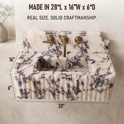 Calacatta Viola Marble Sink with Sculpted Backsplash, Fluted Vanity Washbasin, Hand-Carved Natural Stone Bathroom Basin, Custom Luxury Powder Room Sink, 28x16x6 inches.