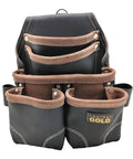Heavy Duty Leather Nail Pouch With 5 Pockets, Oil Tanned Black Tool Belt Pouch For Carpenters, front view with reinforced seams