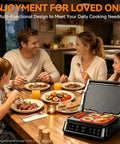 Bakers Friend 6-in-1 Indoor Grill And Electric Griddle Combo With Panini Press and Removable Plates featuring cooking setup with family meal.