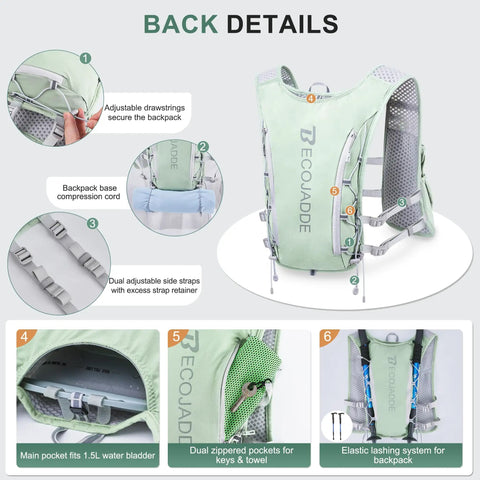 Back view of green Lit 5L Running Vest Hydration Backpack With Two 500ml Soft Bottles for Men And Women showing adjustable straps.