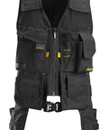Allround Work Tool Vest For Men With Tons Of Pockets, Rugged Durable Build, Adjustable Side Fit For Comfort On The Job, Black Utility Vest In XL Size For Real Pro Job Sites with multiple front pockets and adjustable straps; shown in black.