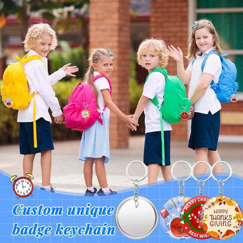 Children with colorful backpacks featuring custom badge keychains from 100 Sets Button Maker Kit 58mm 2.25 Inch Includes 100 Metal Shells 100 Films 100 Back Covers 100 Keychains and 1 Ring for DIY Makers and Machines An Awesome Gift for Craft Lovers.